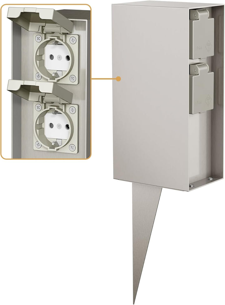 ledscom.de Garten-Steckdosen-Säule POMI mit Erdspiess für aussen, IP44, 4-Fach, Edelstahl, eckig, 23