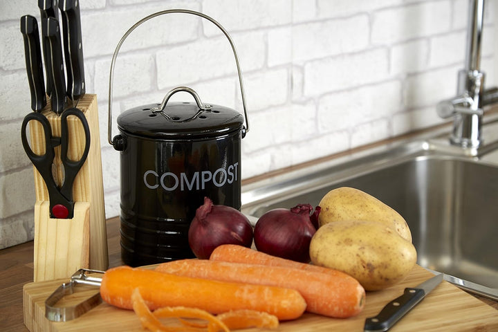 Premier Housewares 0510019 Komposteimer mit Tragegriff Ø14 x H22 cm, Schwarz, Schwarz