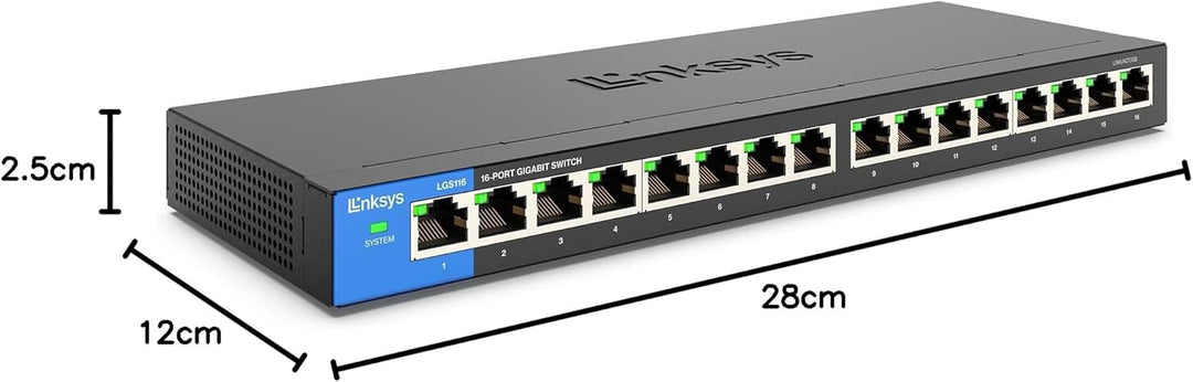 Linksys LGS116-EU 16-Port Unmanaged Gigabit-Netzwerk-Switch – Ethernet-Switch/Hub mit Metallgehäuse,