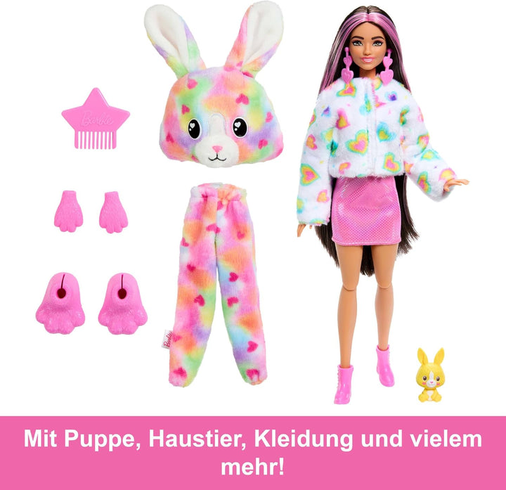 Barbie Cutie Reveal Puppe und Accessoires, Batik-Häschen-Plüschkostüm und 10 Überraschungen mit Farb