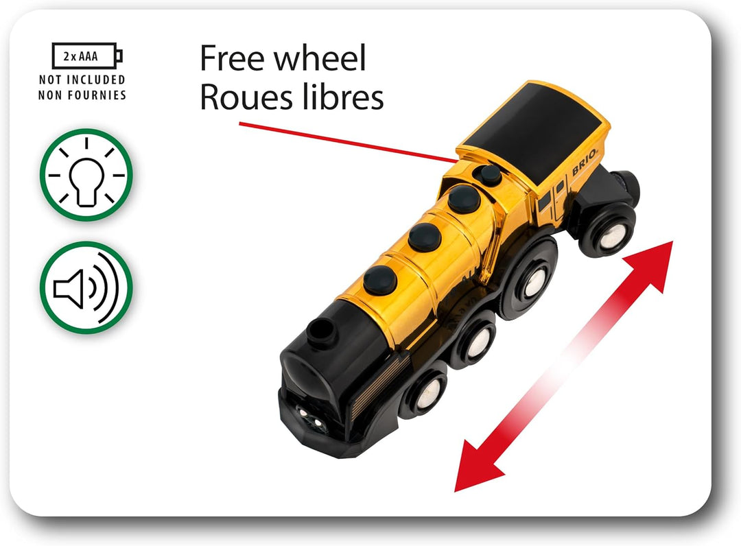 BRIO World 33630 - Goldene Batterielok mit Licht und Sound - Mit Auskoppel-Funktion zur Nutzung als