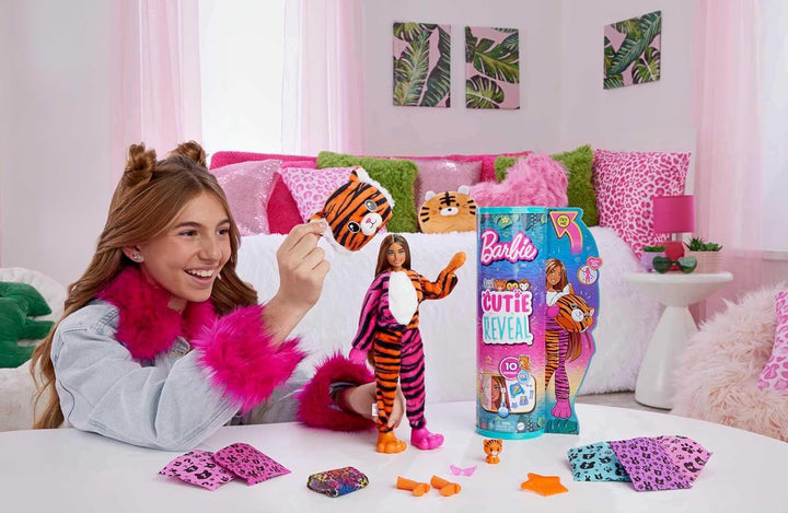 Barbie Cutie Reveal, bewegliche mit Tiger-Accessoires, 10 Überraschungen, Tierspielzeug, Farbwechsel