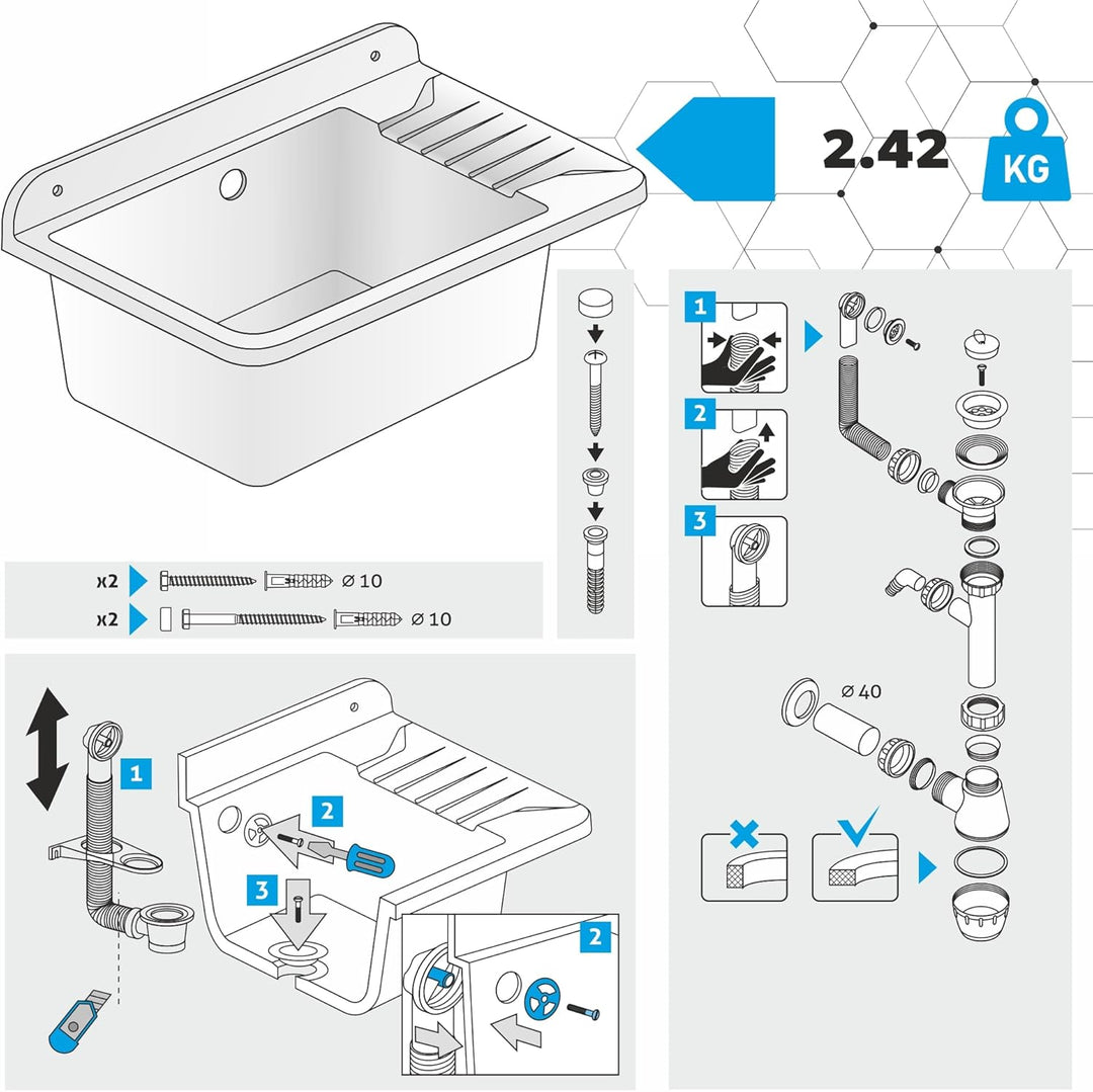 GOSPO Ausgussbecken aus Polypropylen, 50,5 x 34 x 26,5 cm, Haushaltsspülbecken, Spülbecken mit profe