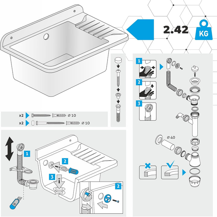 GOSPO Ausgussbecken aus Polypropylen, 50,5 x 34 x 26,5 cm, Haushaltsspülbecken, Spülbecken mit profe