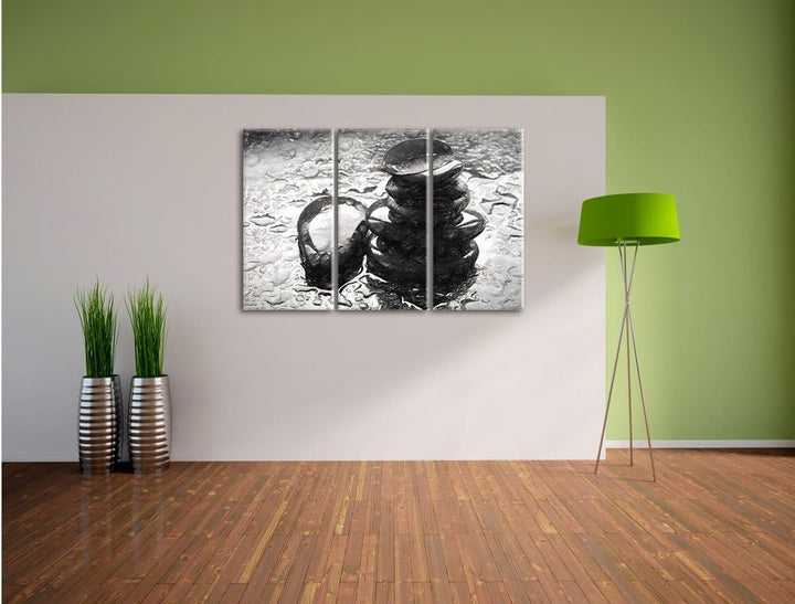 Pixxprint Zensteinturm im Regen als Leinwandbild/Grösse: 3 Teilig (120x80) cm/Wandbild/Kunstdruck/fe