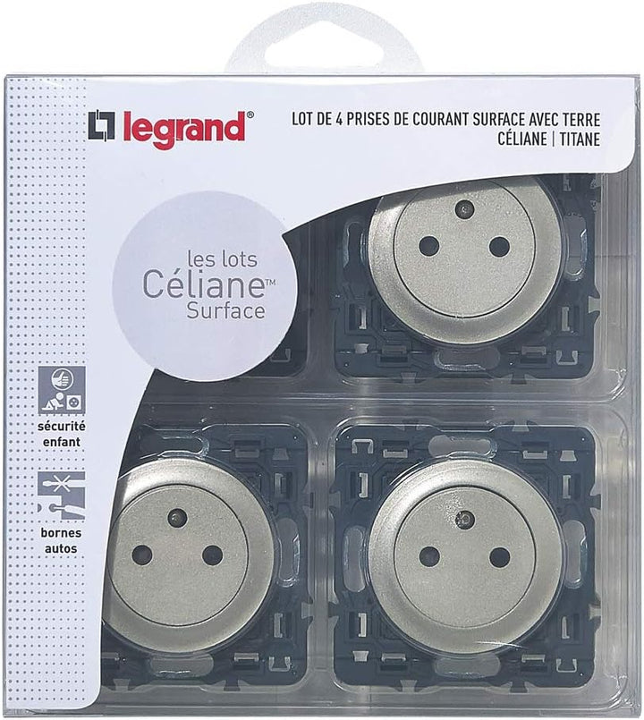 Legrand Céliane2 Steckdosen-Set, mit Erdung, kombinierbar, grau, 200261, 230 voltsV 4 Stück Titan, 4