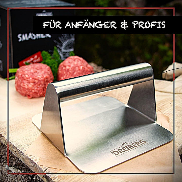 DREIBERG® Grillpresse Set inkl. Burgerpapier – Burgerpresse Edelstahl für Smash Burger. Burger Smash