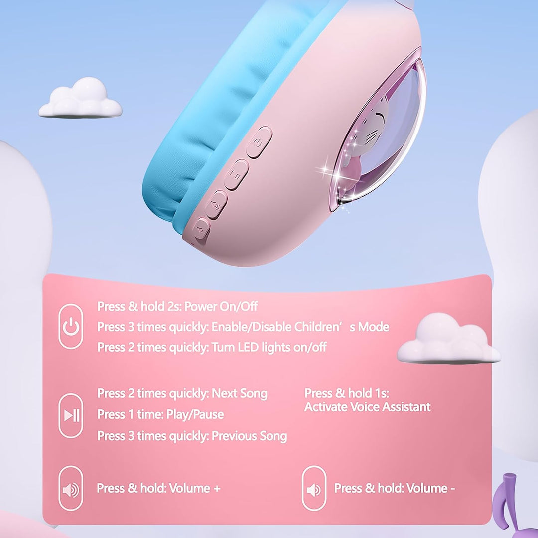 sunvito Kinder Kopfhörer Bluetooth 5.4, LED Beleuchtetes Katzenohr, Faltbarer Over-Ear Kopfhörer mit