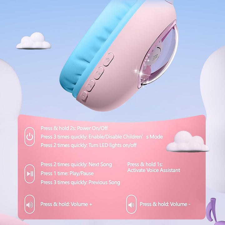 sunvito Kinder Kopfhörer Bluetooth 5.4, LED Beleuchtetes Katzenohr, Faltbarer Over-Ear Kopfhörer mit