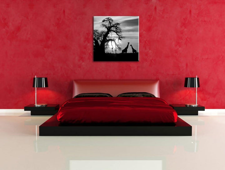 Pixxprint Zwei Giraffen in der Wüste Schwarz/Weiss, Format: 70x70 auf Leinwand, 70x70