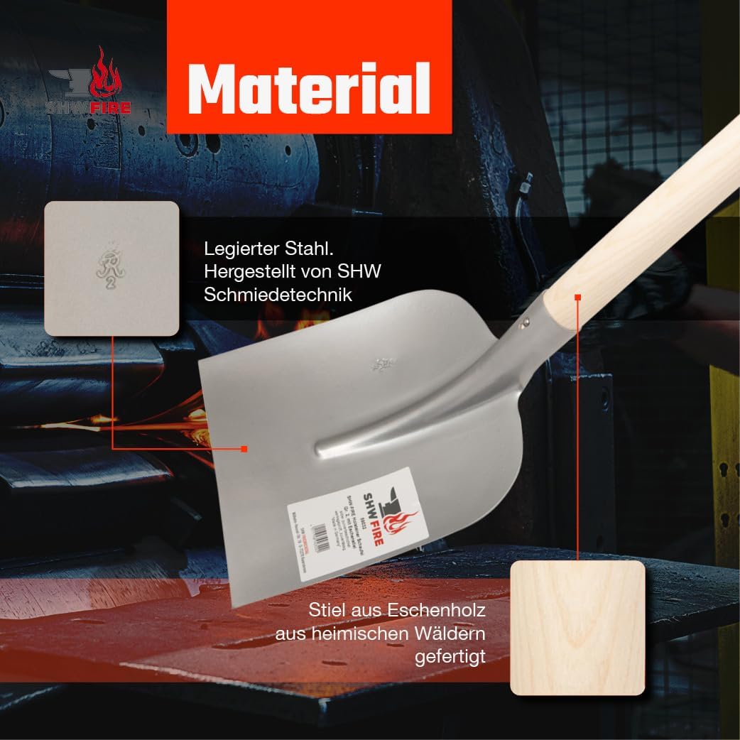 SHW FIRE | Holsteiner Schaufel - gehärteter Spezialstahl, gebogenes Schaufelblatt, 130 cm Eschenholz
