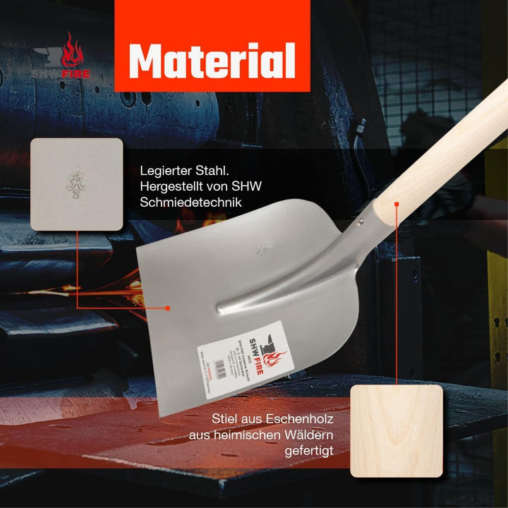 SHW FIRE | Holsteiner Schaufel - gehärteter Spezialstahl, gebogenes Schaufelblatt, 130 cm Eschenholz