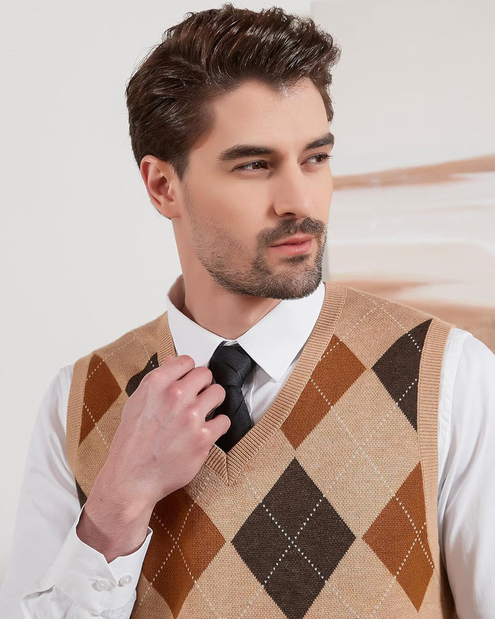 Kallspin Herren Argyle Gestrickt Ärmellos Pullover Wollmischung V-Ausschnitt Strickwesten 3XL Khaki,