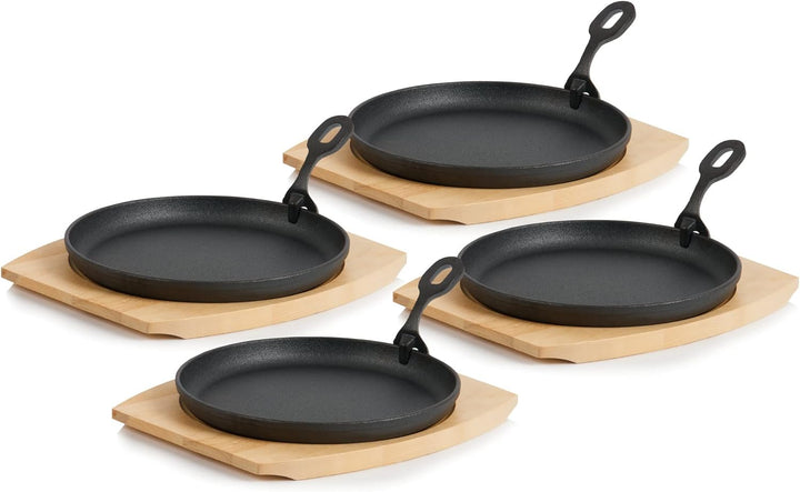 BBQ-Toro Gusseisen Servierpfännchen mit Holzunterlage (4 Stück) | Ø 22 cm - rund | bereits eingebran
