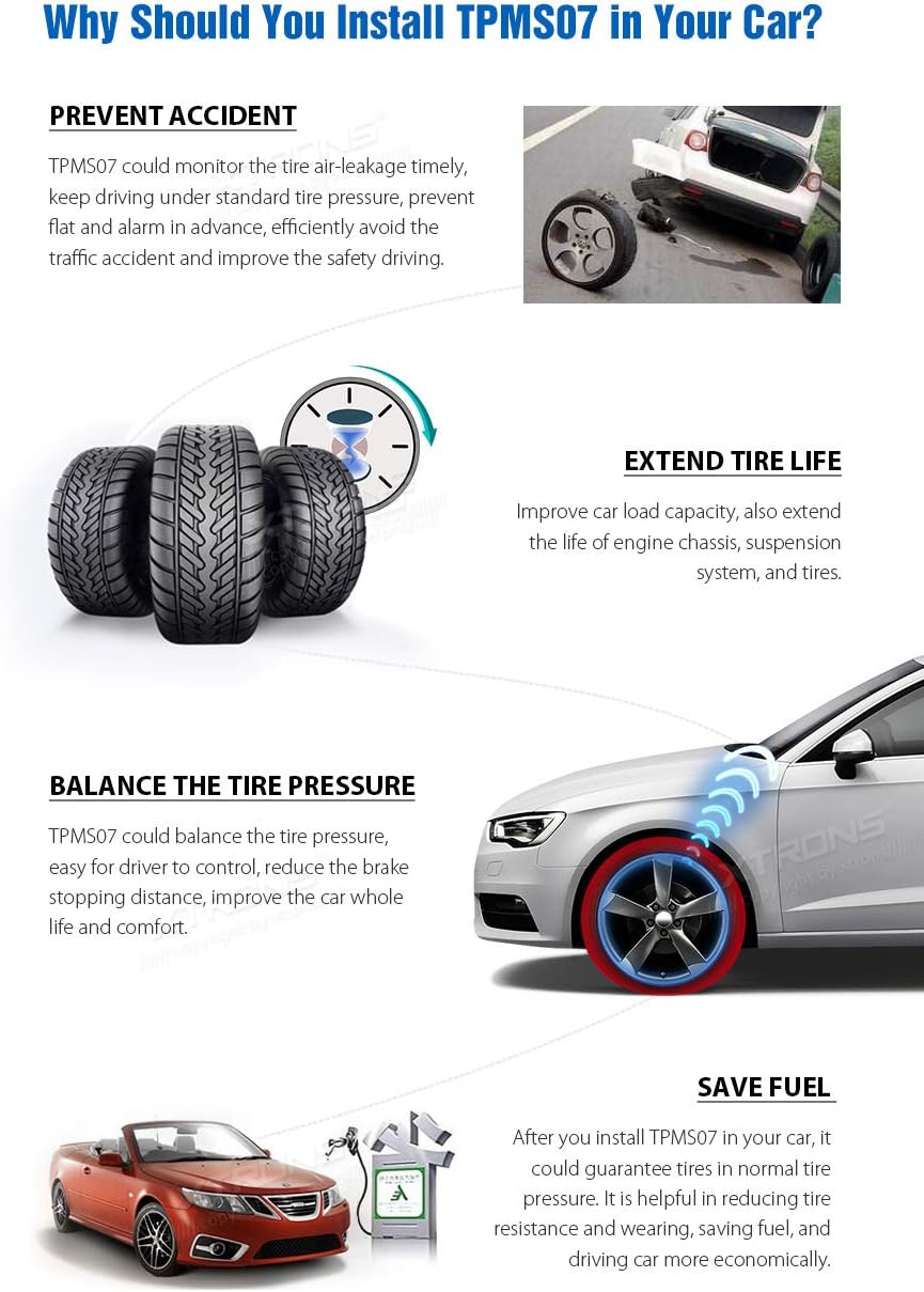 XTRONS TPMS Auto Reifendruck Kontroll Alarmsystem mit 4 Externe Sensoren für XTRONS Android 9.0 Auto