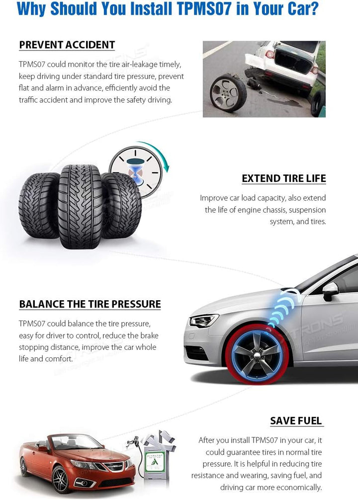 XTRONS TPMS Auto Reifendruck Kontroll Alarmsystem mit 4 Externe Sensoren für XTRONS Android 9.0 Auto