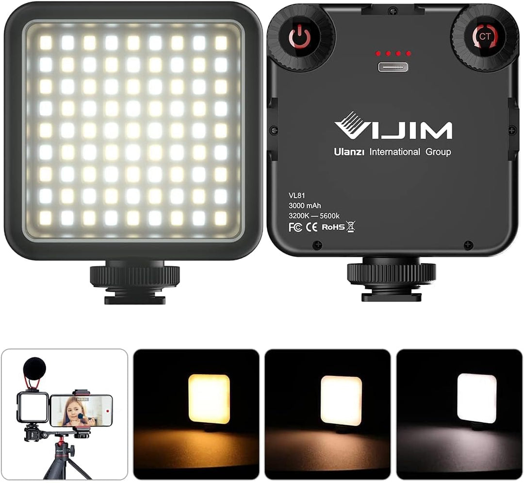 ULANZI VL81 Videoleuchte 81 LEDs Videolicht mit Cold Shoe, Foto Licht 3200K-5600K Farbtemperatur Hel