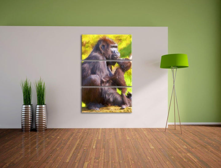 Gorilla-Baby küsst seine Mutter NewArt 3-Teiler Leinwandbild 120x80 Bild auf Leinwand, XXL riesige B