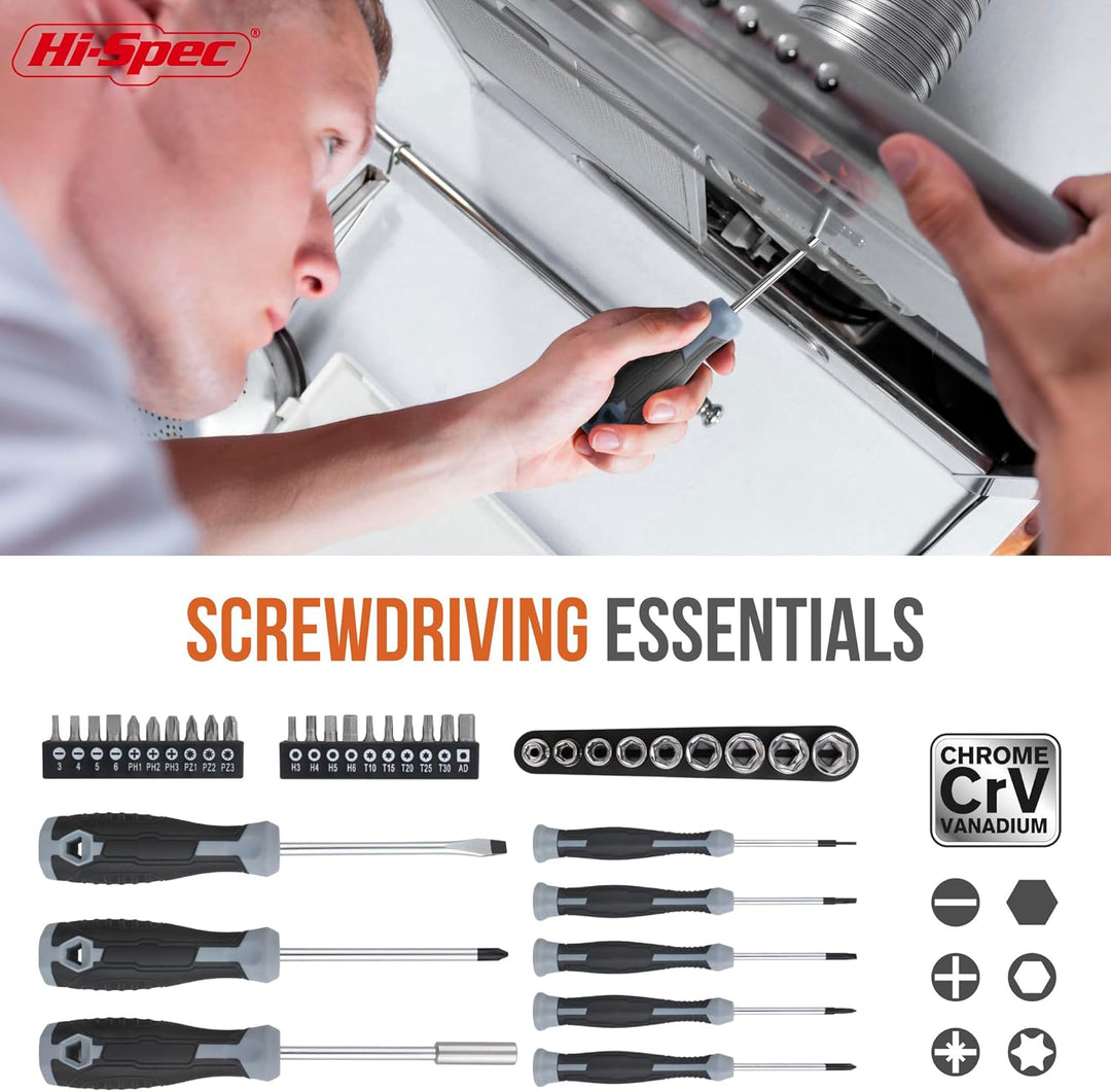 Hi-Spec 54-TLG. Werkzeugkasten-Set in Grau, gefüllt mit Werkzeugen für Haushalt und Garage. Werkzeug