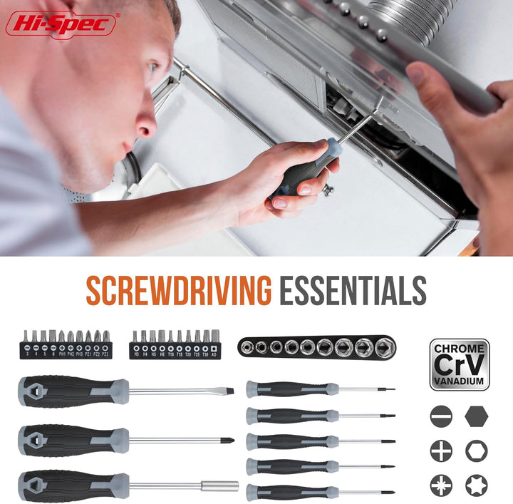 Hi-Spec 54-TLG. Werkzeugkasten-Set in Grau, gefüllt mit Werkzeugen für Haushalt und Garage. Werkzeug