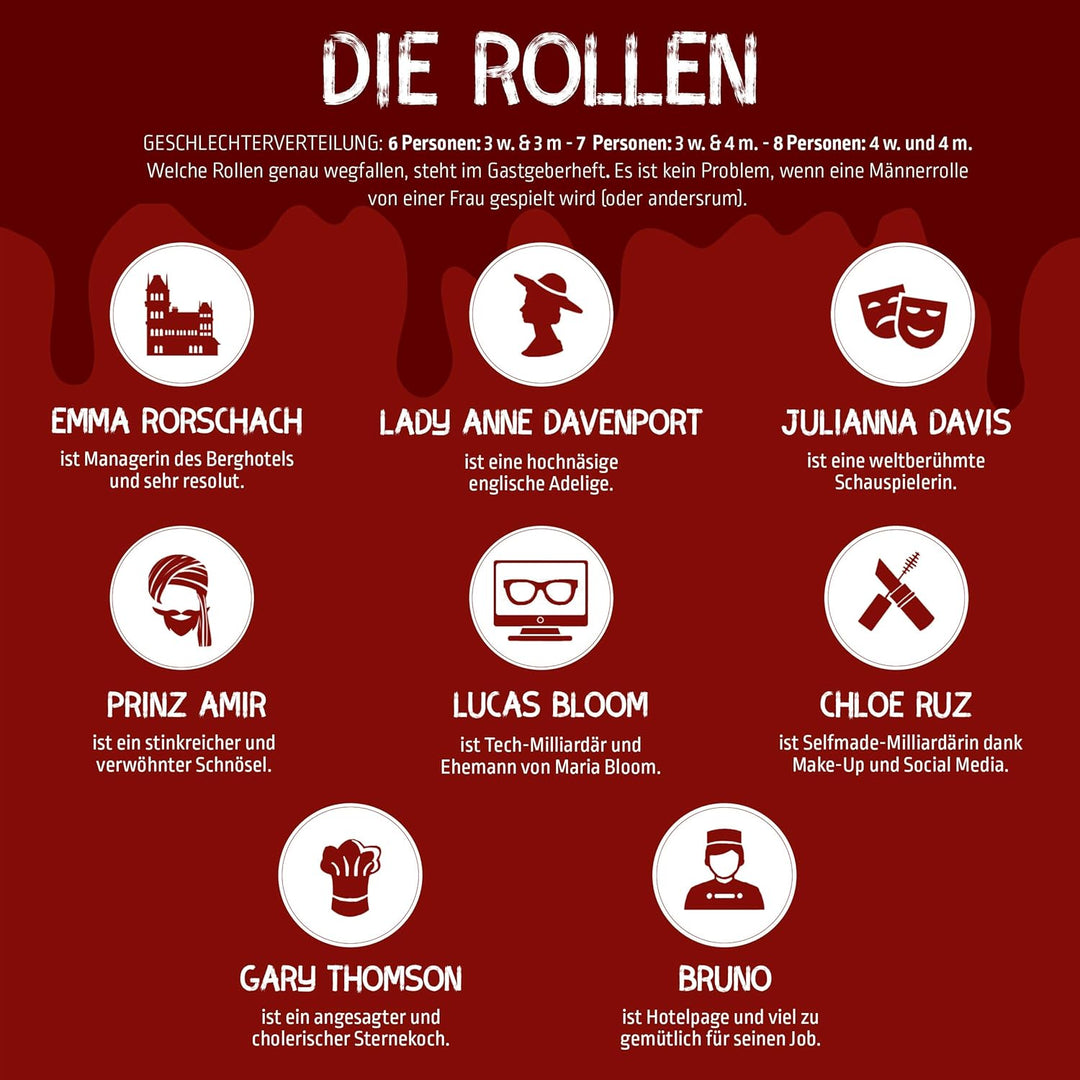 Mord bei Tisch Krimidinner für Zuhause - 6 bis 8 Personen - Der Berghotel Fall - Das Krimi Spiel ab