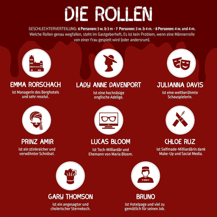 Mord bei Tisch Krimidinner für Zuhause - 6 bis 8 Personen - Der Berghotel Fall - Das Krimi Spiel ab
