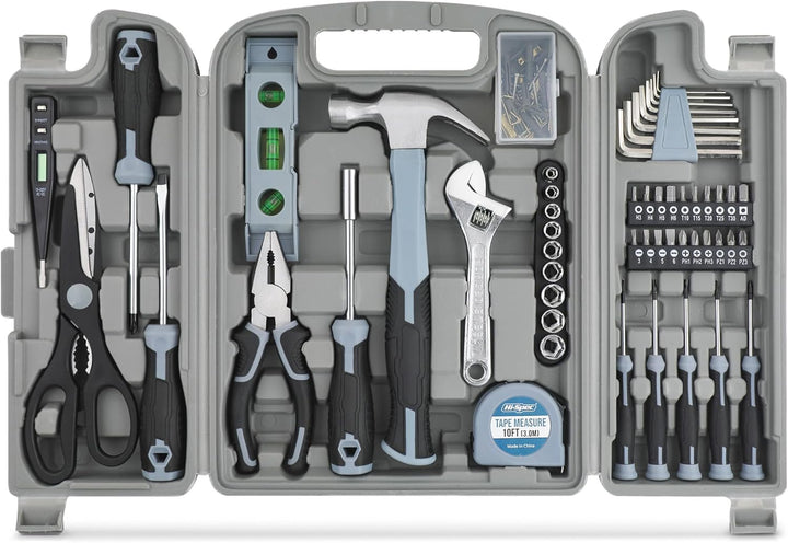 Hi-Spec 54-TLG. Werkzeugkasten-Set in Grau, gefüllt mit Werkzeugen für Haushalt und Garage. Werkzeug