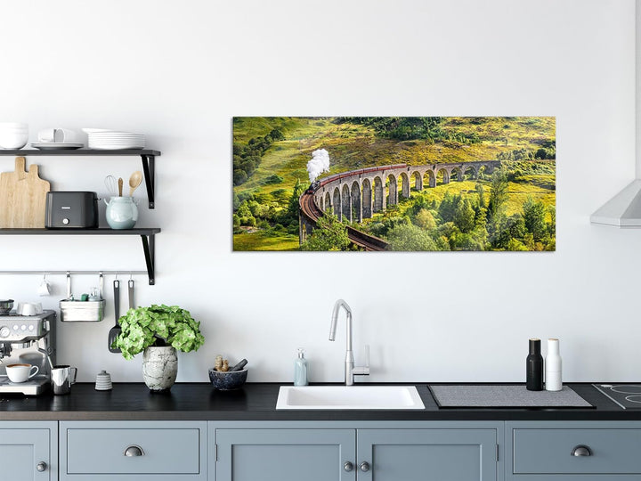 Glasbild Panorama | Wandbild aus Echtglas | Eisenbahnviadukt in Schottland | 100x40 cm | inkl. Aufhä