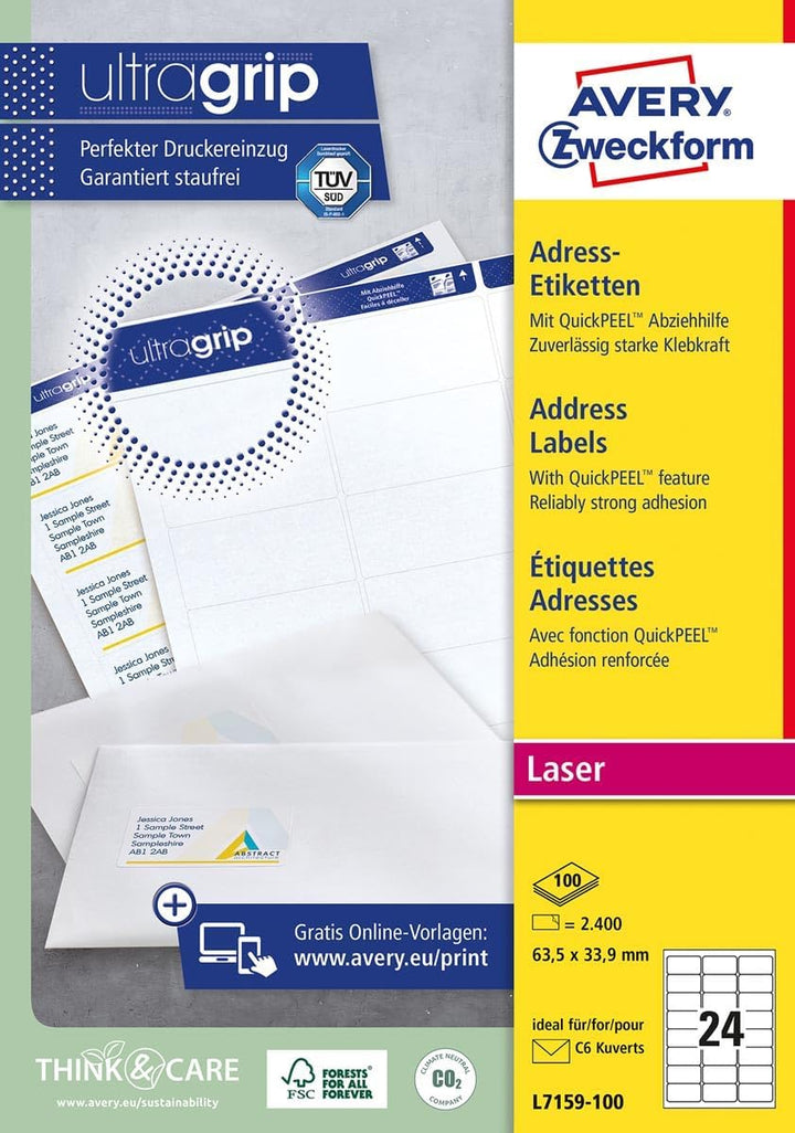 Avery L7159 Adress-Etiketten Laser, weiss Verpackung: 100 Blätter einzeln, Verpackung: 100 Blätter e