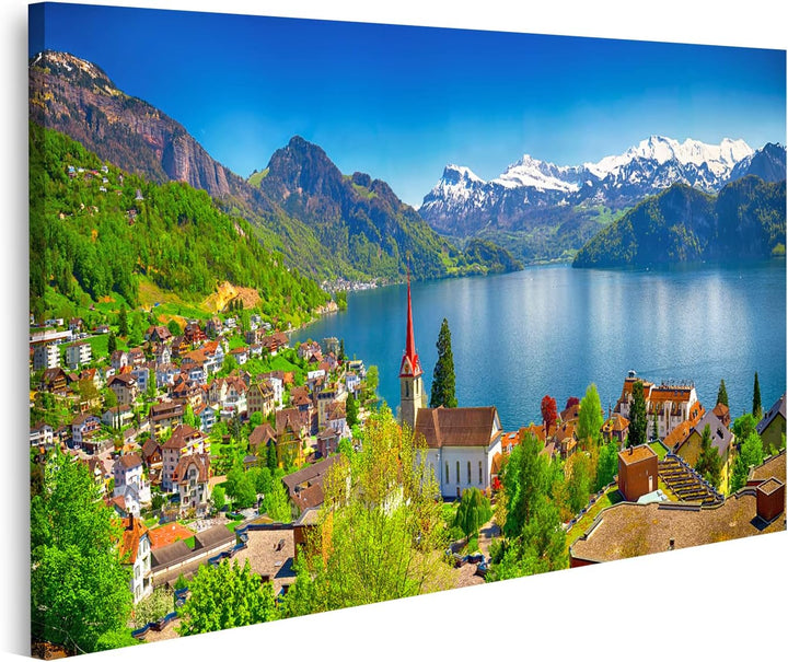 islandburner Bild auf Leinwand Dorf Weggis Vierwaldstättersee Umgeben Von Schweizer Alpen Panorama B
