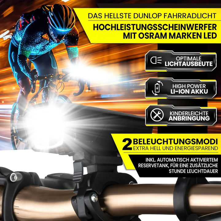 Dunlop Sports Fahrradlicht Set Fahrrad Licht - Extra helles LED mit Hochleistungs Akku - Fahrradbele