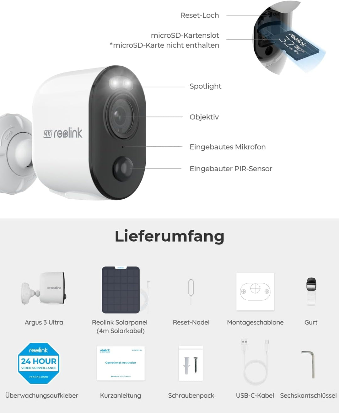 Reolink 4K Überwachungskamera Aussen Akku Argus 3 Ultra mit 6W Solarpanel, 2,4&5GHz WiFi, Solar WLAN