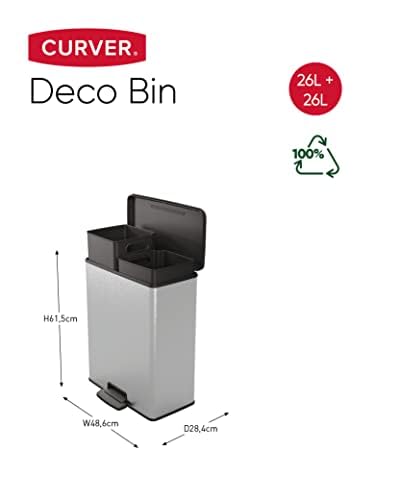 CURVER DECO DUO BIN Mülleimer, Kunststoff, Silber metallic, 2 x 26 L
