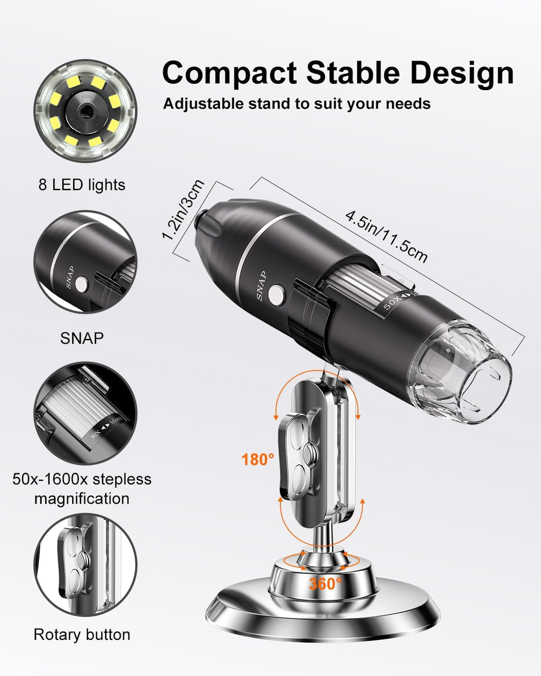 USB Mikroskop Digital, AOPICK 1440P fĂŒr iPhone 50 Bis 1000X Microscope mit 8 LED & StĂ€nder HD Handy