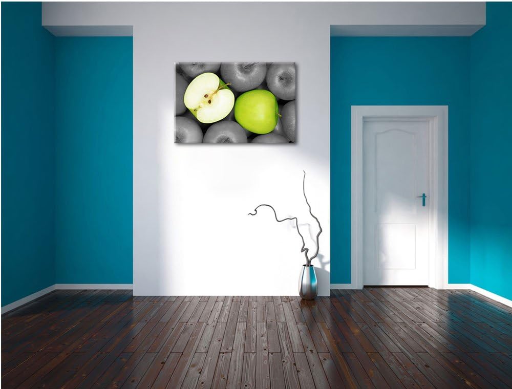 saftige grüne Äpfel schwarz/weiss Format: 100x70 auf Leinwand, XXL riesige Bilder fertig gerahmt mit