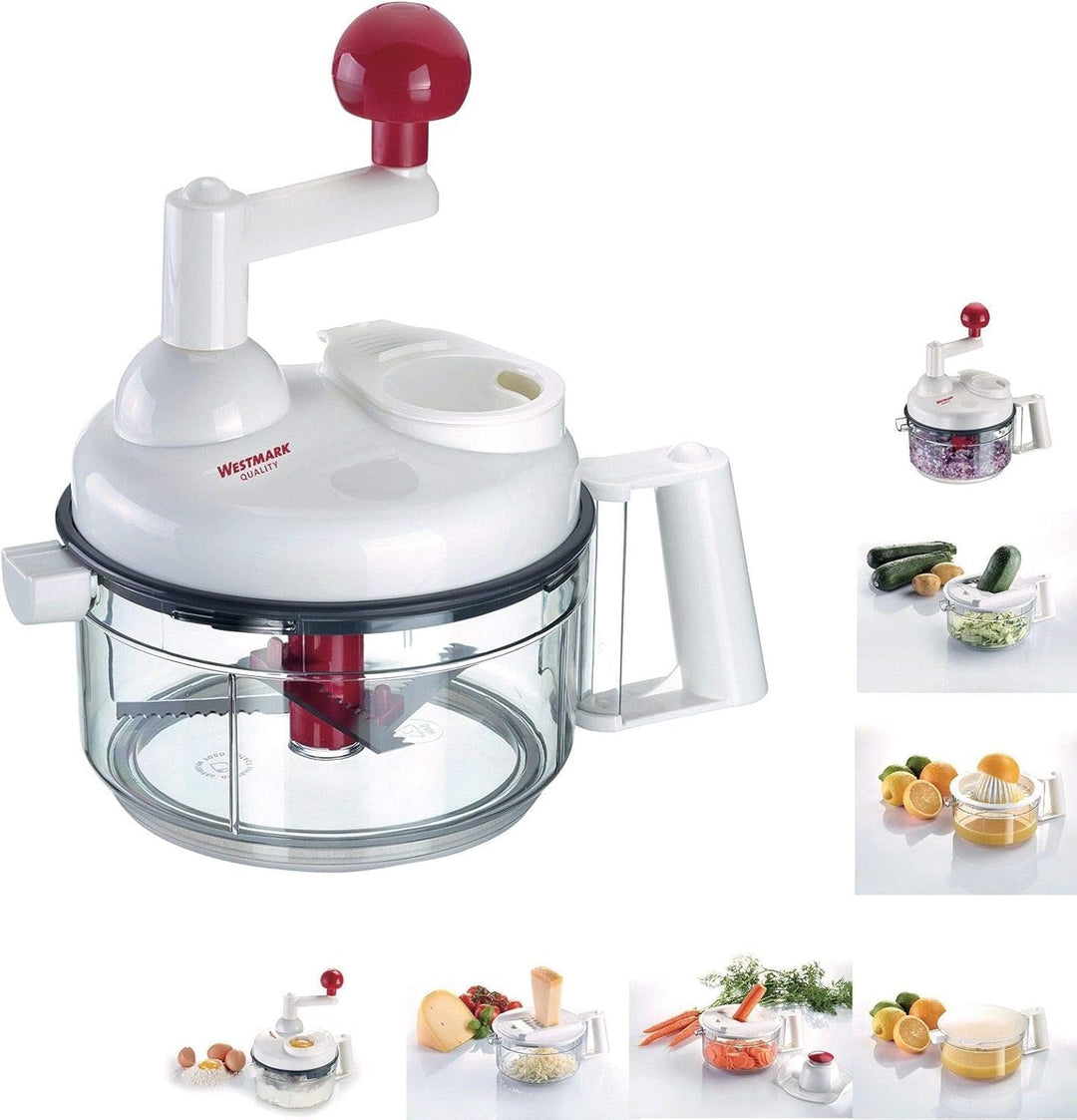 Westmark Manuelle Küchenmaschine, 9 in 1: Hobel, Reibe, Raspel, Schneider, Zitruspresse, Schaumschlä