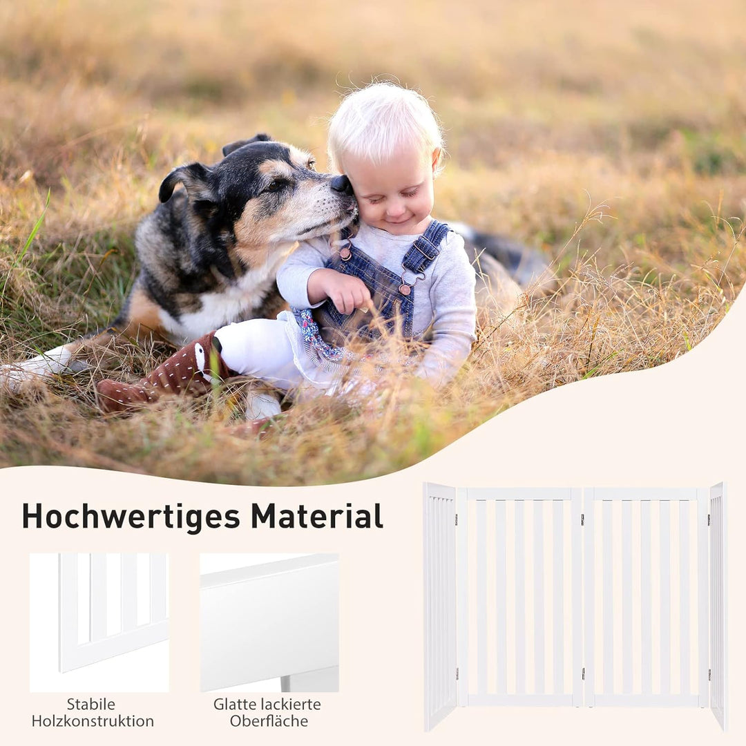 COSTWAY Absperrgitter Hunde 89cm Hoch, 4 Paneelen Schutzgitter Holz, Kindergitter klappbar, Treppeng