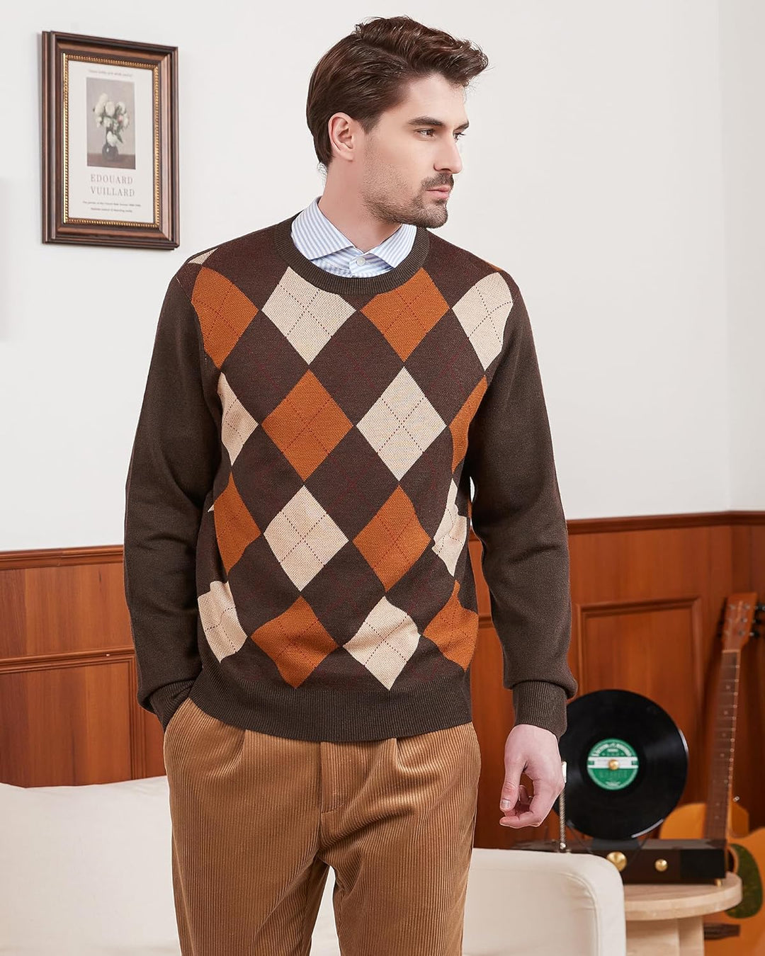 Kallspin Herren Wollmischung Strickpullover Argyle Rundhalsausschnitt Pullover Sweater S Braun, S Br