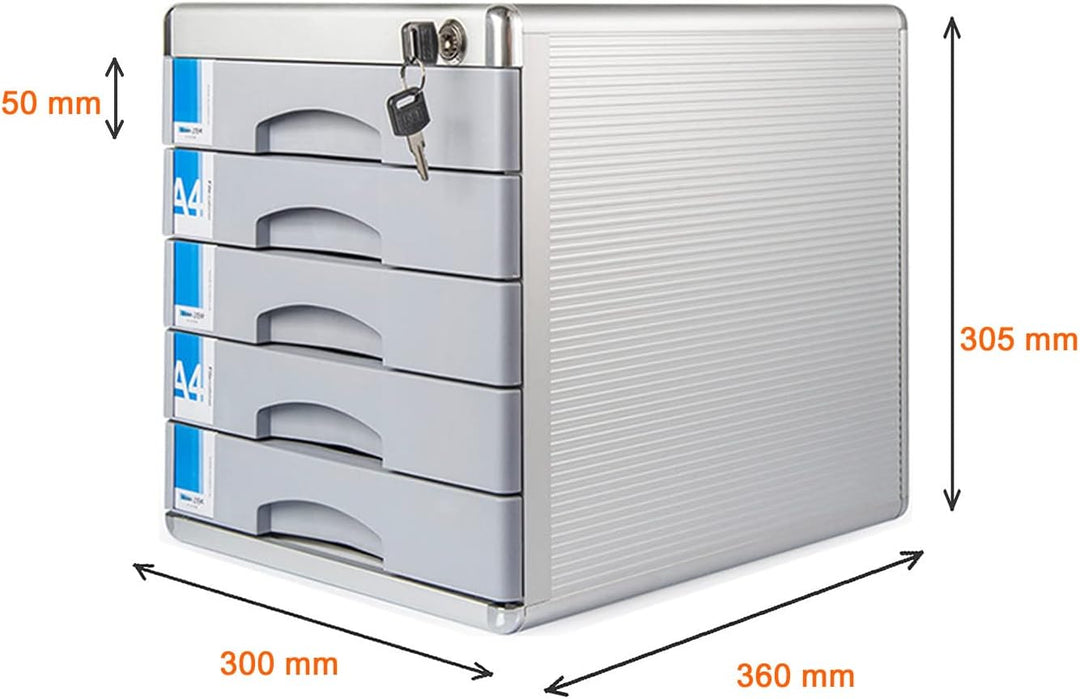 TUKA-i-AKUT Metall Schubladenbox Abschliessbar 5 Fächer A4, mit Beschriftungsfeldern, Dokumenten Auf