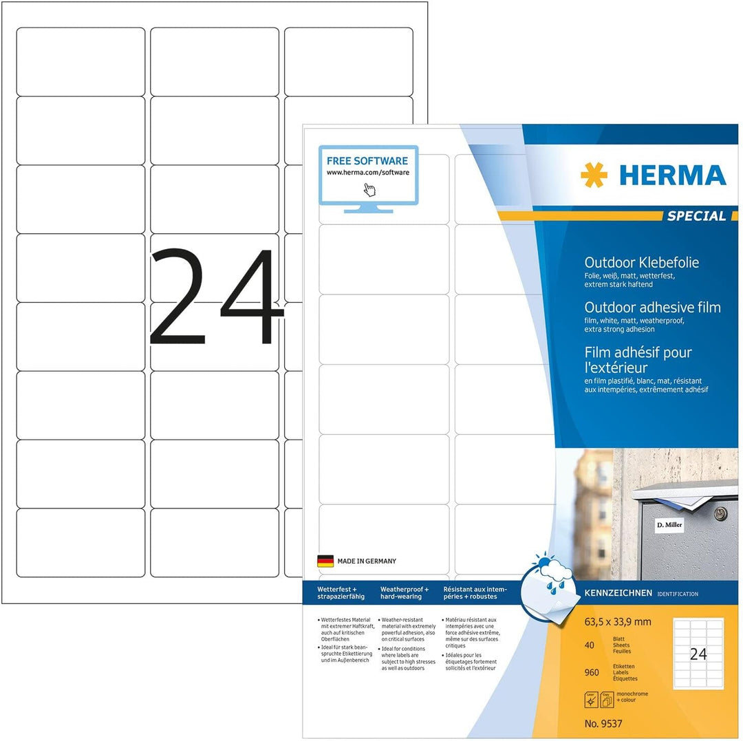 HERMA 9537 Wetterfeste Folienetiketten, 40 Blatt, 63,5 x 33,9 mm, 24 Stück pro A4 Bogen, 960 Aufkleb