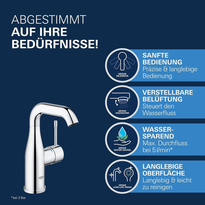 GROHE Essence - Einhand-Waschtischarmatur (wassersparend, mit Temperaturbegrenzer, M-Size), chrom, 2