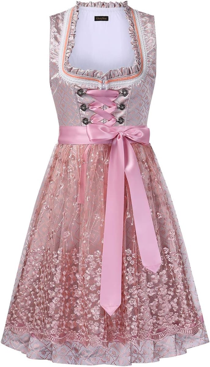 KOJOOIN Trachtenkleid Dirndl Kurz Damen Mid mit Spitzenschürze 2tlg. für Oktoberfest von Gr 34 bis 4