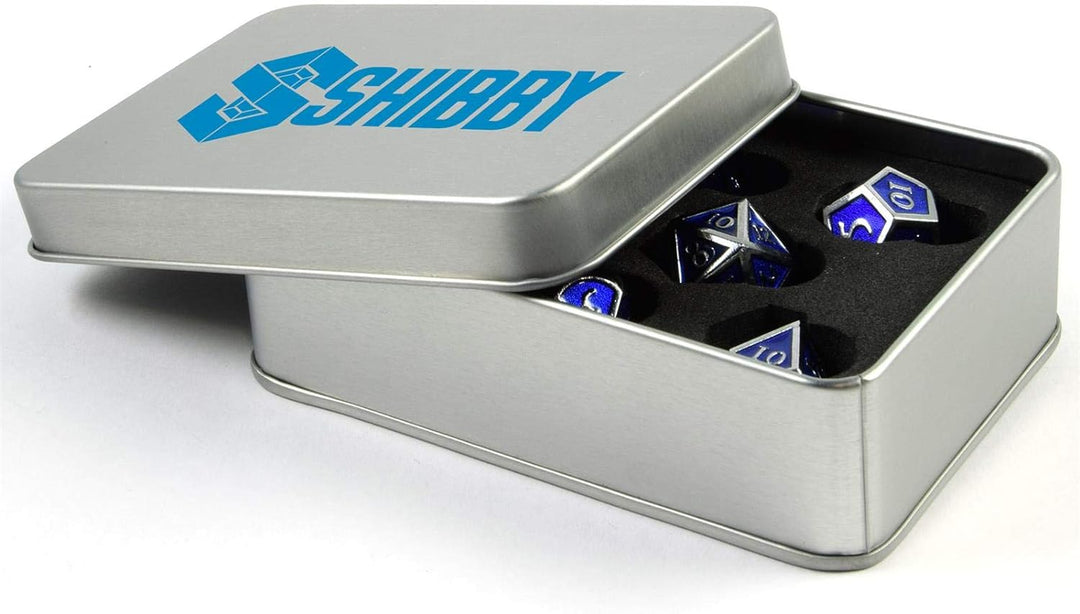 shibby 7 polyedrische Metall-Würfel für Rollen- und Tabletopspiele in Steampunk Silber/Blau-Optik in