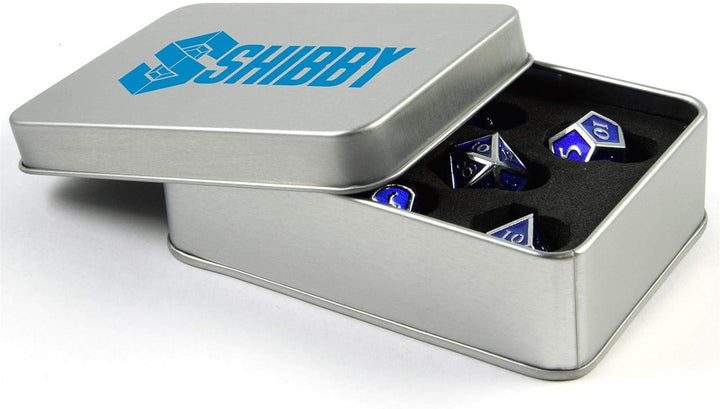 shibby 7 polyedrische Metall-Würfel für Rollen- und Tabletopspiele in Steampunk Silber/Blau-Optik in
