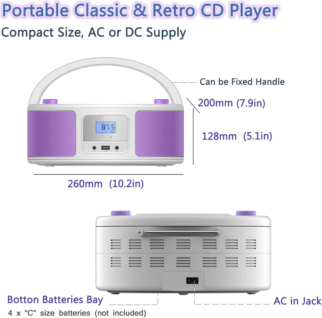 Tragbarer CD-Player Boombox mit Bluetooth | Fernsteuerung | FM-Radio | USB | MP3-Wiedergabe | Kompat
