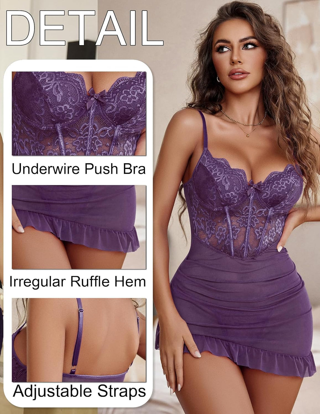 Avidlove Damen Spitze Body Kurz Kleid Sexy Dessous mit Bügel Mesh Nachthemd mit String Plissiertes B