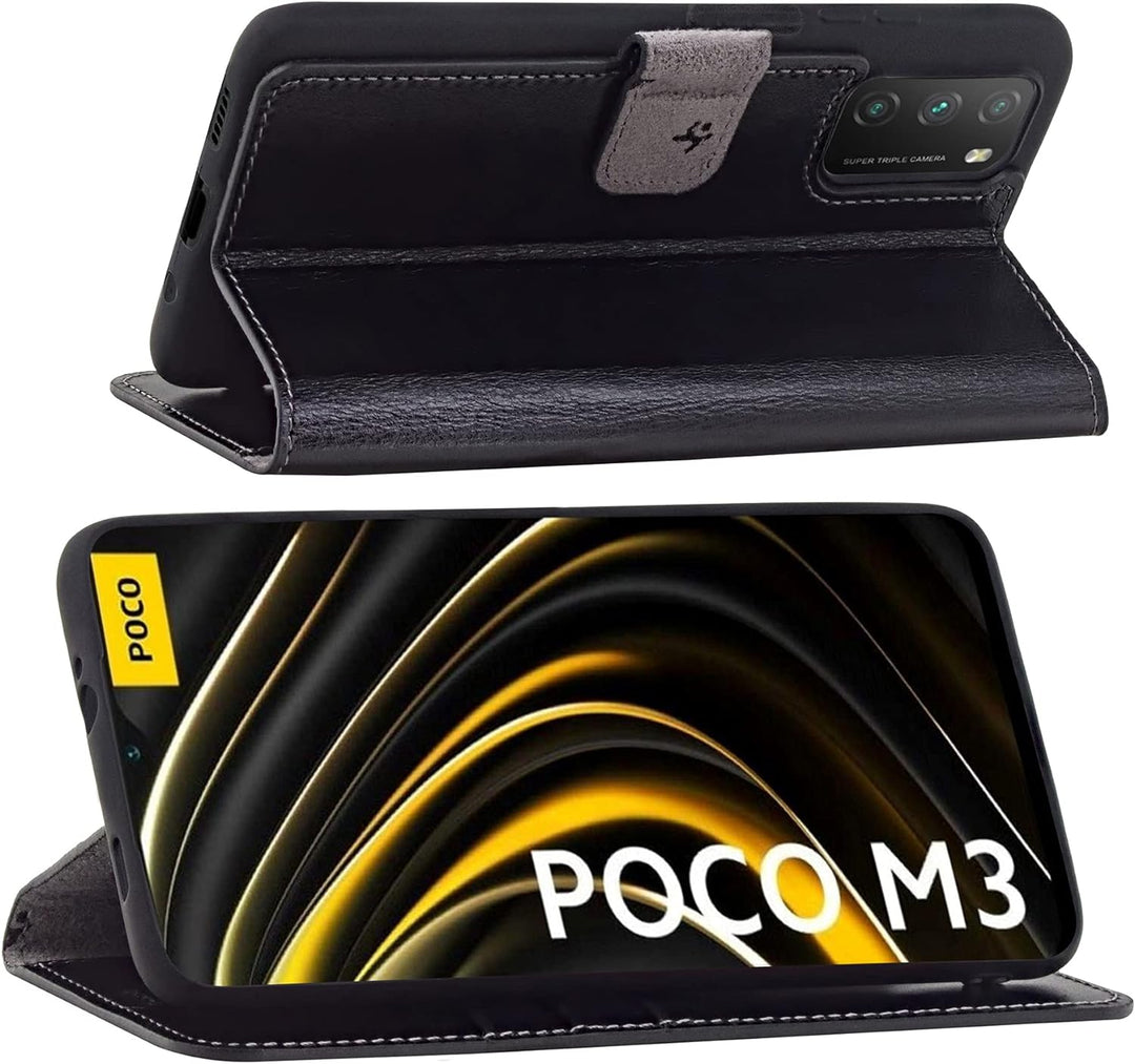 Suncase Book-Style Hülle kompatibel mit Xiaomi Poco M3 Leder Tasche (Slim-Fit) Lederhülle Handytasch