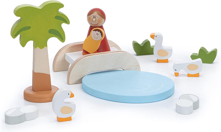 Sevi 83103 Krippen-Set Brücke mit Teich 11 teilig, Krippenzubehör aus Holz, Set zur Ergänzung der We