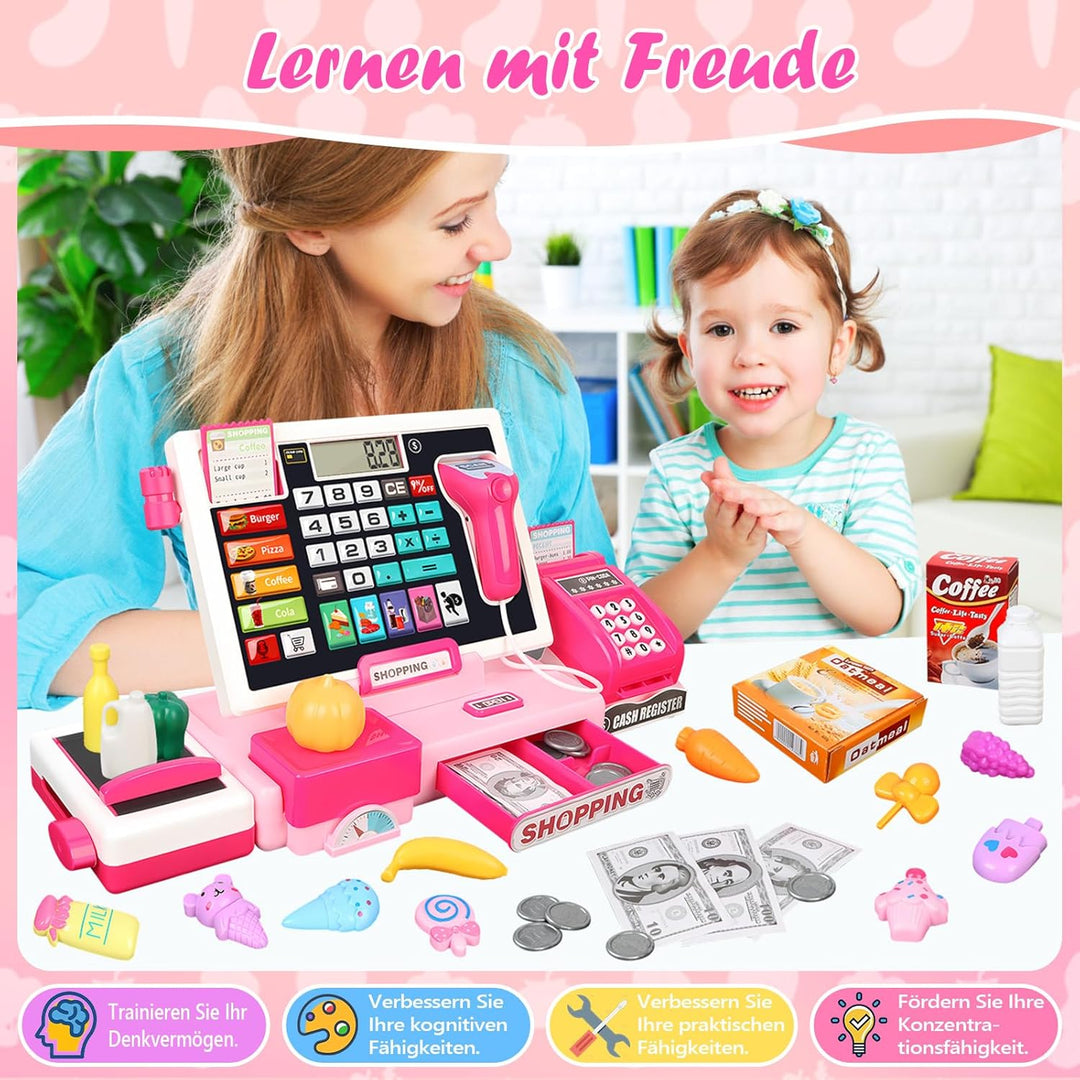 Herenear Kaufladenkasse für Kinder, Spielzeug Kasse mit Scanner und Sound - inkl. 52 Zubehör(Scanner