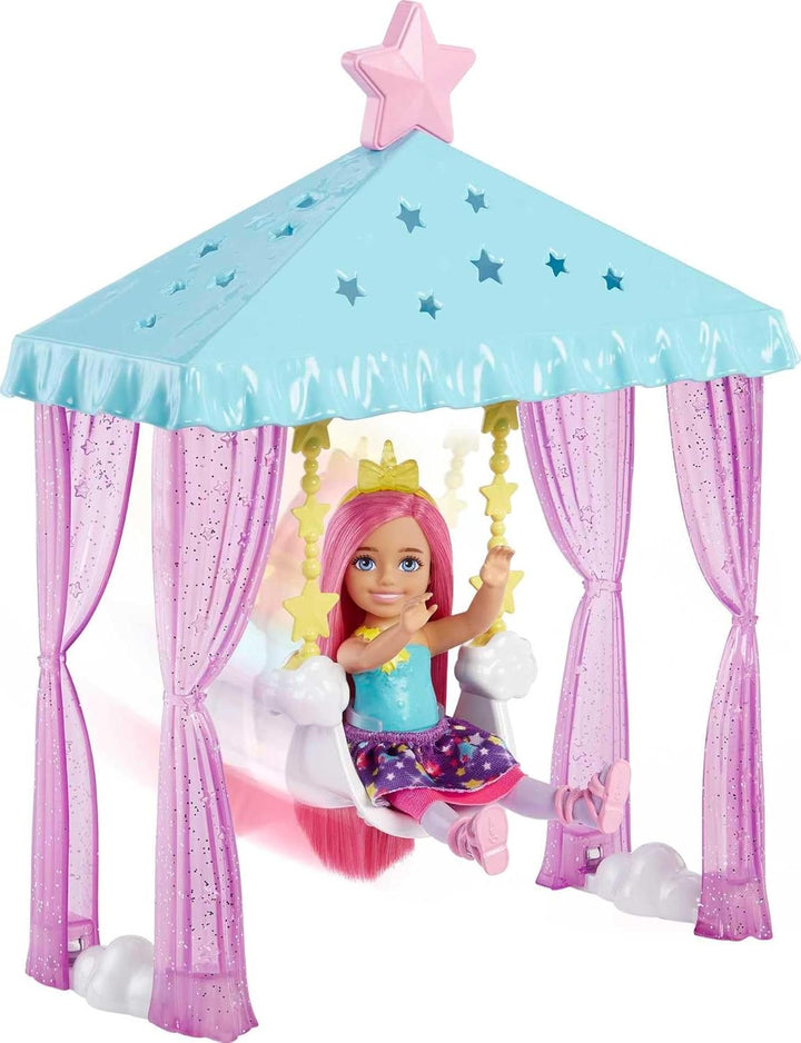 Barbie Dreamtopia, Barbie Chelsea Puppe mit rosa Haaren, gelbe Einhornkrone, rosa Einhornkatze, Wolk